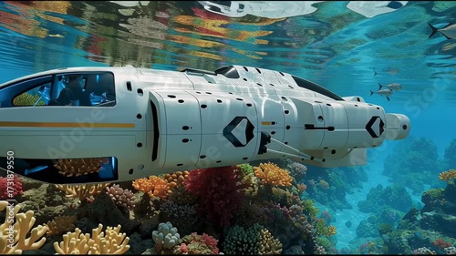 Wallpaper Mural Futuristic white submarine with smart IoT sensors navigating coral reef ecosystems for advanced ocean exploration and conservation research Torontodigital.ca