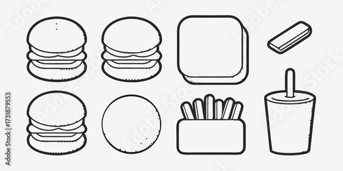 Fast food illustrations featuring burgers, fries, a drink, and a sandwich in a modern, minimalist style perfect for menus and promotional material