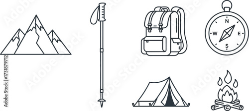 Camping and hiking equipment line art, including mountain, pole, backpack, compass, tent and campfire