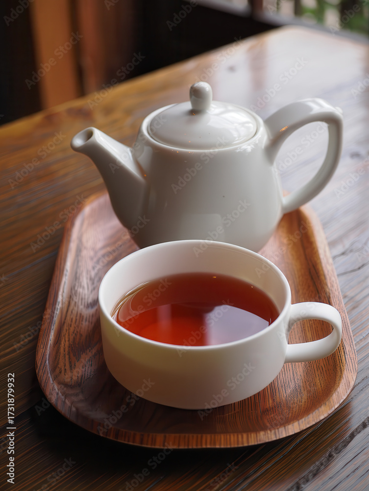 Fototapeta premium White teapot and cup of hot tea on a wooden tray