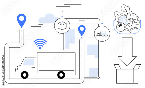 Truck on delivery route, GPS markers, smartphone interface, wireless signal, produce box, and arrows. Ideal for logistics, supply chain management, tracking delivery IoT systems transportation