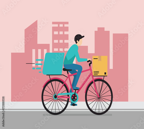 Flat vector design of bicycle courier delivering e-commerce package, bold colors, simple shapes, urban background