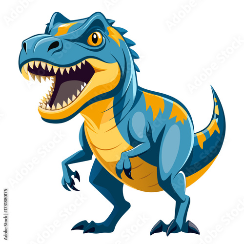 Vector illustration of cartoonish illustration of a fierce blue and yellow tyrannosaurus rex dinosaur roaring