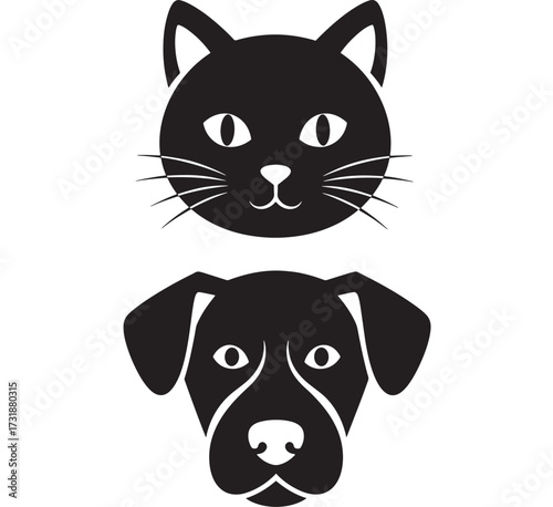 Black and white vector illustration of a cat and dog head simple pet icon for veterinary clinic or animal shelter isolated on whit