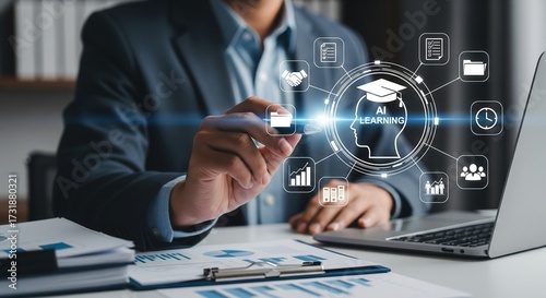 AI-Powered Business Education Executive Interacting with Digital Learning Interface

