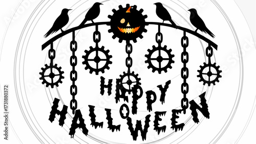 Silhouette halloween decoration with birds gears chains and a jack o lantern spelling happy halloween message