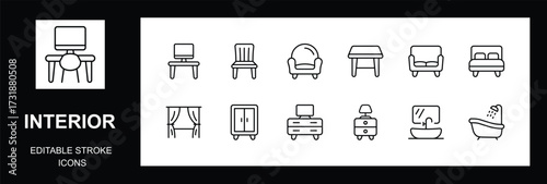 Home interior outline icon set. Furniture and house decoration icons symbol. Editable stroke. Vector illustration