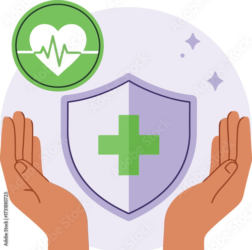 Hands holding shield with medical cross and heart isolated on white background