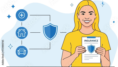 Happy woman holding insurance policy with shield isolated on white background