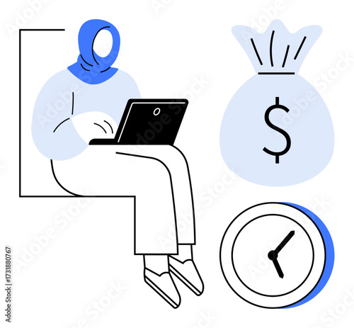 Woman in headscarf using laptop, accompanied by money bag and clock icons. Ideal for productivity, finance, time management, freelancing, online work, goal setting income growth. Simple flat