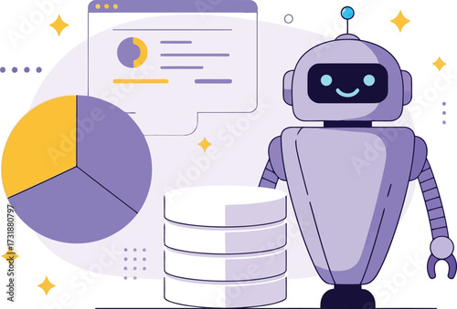 Robot analyzing data with pie chart and database isolated on white background