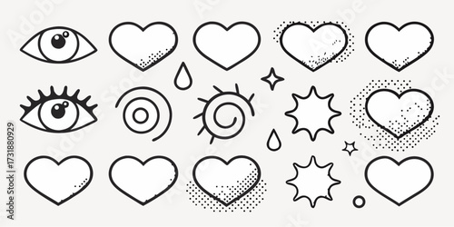 Whimsical doodle art with hearts, eyes, and sunshine radiates playful charm, perfect for adding a quirky touch to designs and expressing love and positive vibes