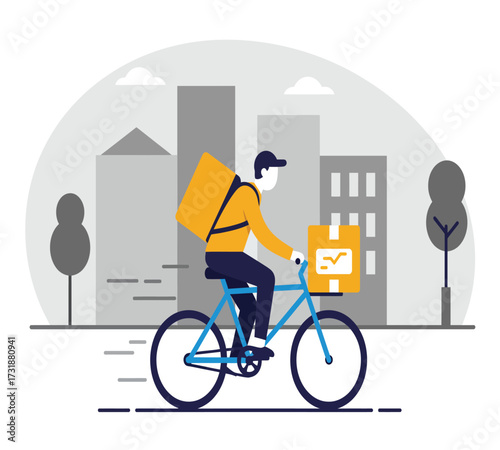 Flat vector design of bicycle courier delivering e-commerce package, bold colors, simple shapes, urban background