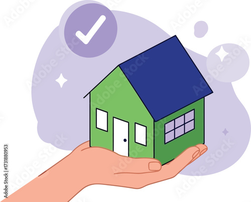 Hand holding small house with check mark isolated on white background