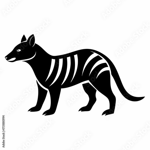 Vector illustration of a black silhouette of a thylacine, commonly called the tasmanian tiger, standing on a
