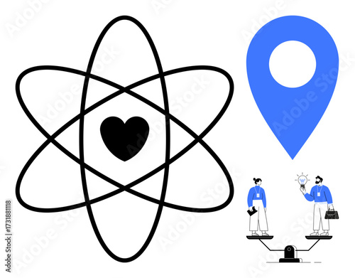 Atomic structure with heart at the center, blue location marker, business figures balancing ideas, and innovation. Ideal for connection, love, science, balance, navigation teamwork minimalism