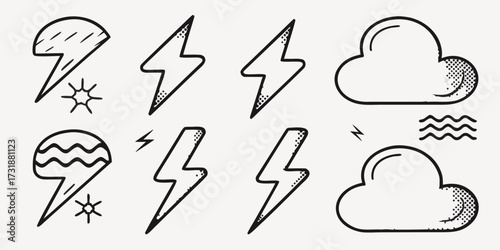 Weather forecast icons convey stormy weather patterns in a modern, simple style, perfect for app design, user interfaces, and infographics about climate change
