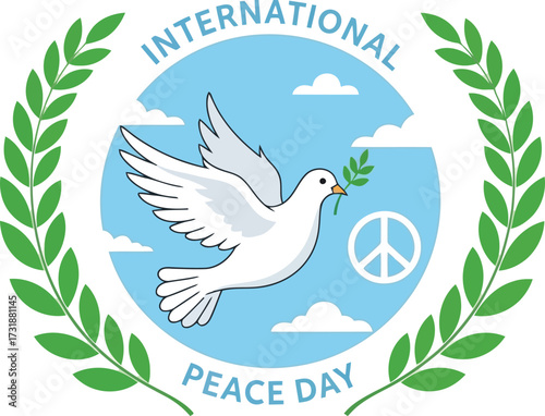 International peace day with dove and olive branch isolated on white background