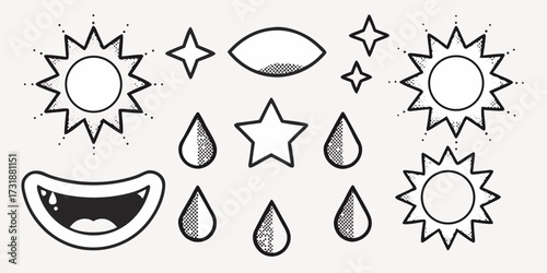 Whimsical doodle icons featuring smiling mouth, tears, stars, suns, and an eye bring lighthearted fun to any design project with playful charm