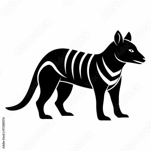 Vector illustration of stylized black silhouette of a thylacine, also known as a tasmanian tiger, standing profile view