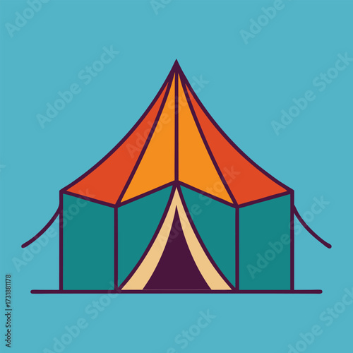 A tent set against a vibrant blue background, showcasing its structure and color contrast.