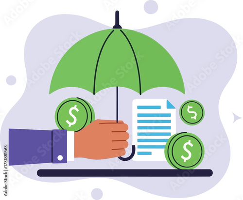 Hand holding umbrella protecting money isolated on white background