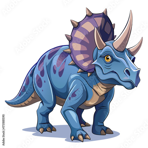Vector illustration of a cartoon illustration of a blue triceratops dinosaur with purple spots and a spiky frill, isolated on a