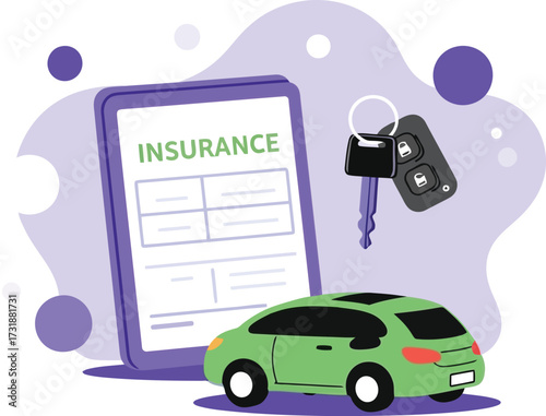 Car insurance policy with car and keys isolated on white background
