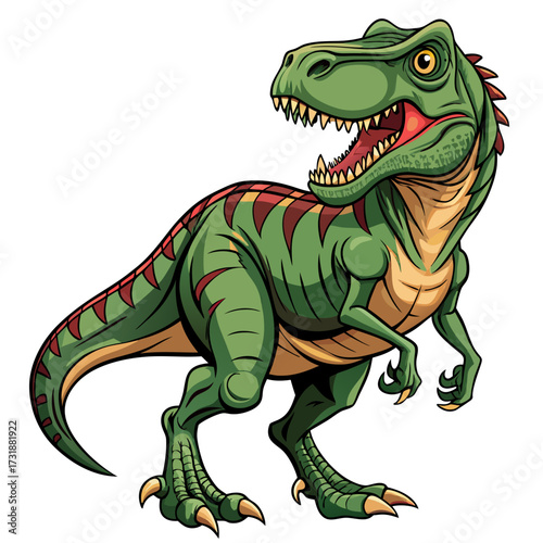 Vector illustration of a ferocious green tyrannosaurus rex dinosaur with its mouth open, isolated on a