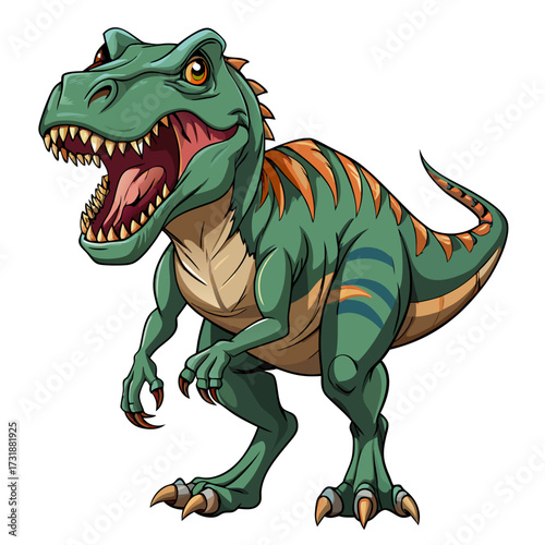 Vector illustration of a detailed illustration of a green tyrannosaurus rex dinosaur with an open mouth, isolated on a