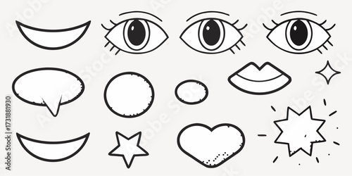 Expressive doodle sheet featuring eyes, mouth, and heart shapes, perfect for adding a playful touch to social media posts or branding materials