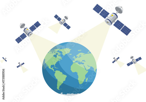 Global Communication Network Satellites Orbiting Earth for Data Transmission.