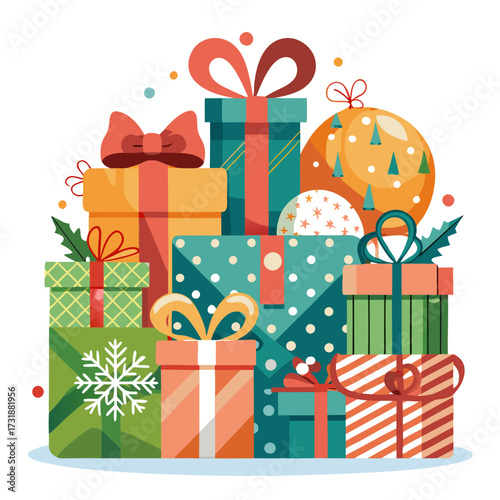 Vector illustration of a pile of colorful christmas presents with festive ribbons and bows, ready for holiday gifting and celebrations
