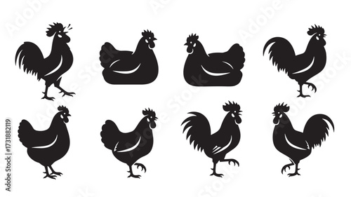Set of chicken and rooster silhouettes farm animal vector illustration isolated on white background
