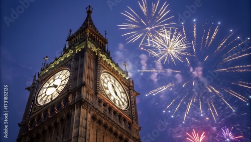 Ring in the New Year with Dazzling Fireworks Over London's Iconic Big Ben Clock Tower at Twilight, Capturing the Joy of a Festive Celebration