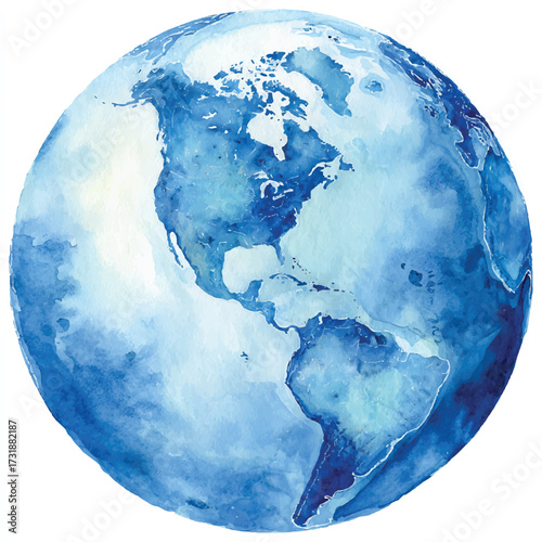 Watercolor Earth Globe Featuring North and South America with Artistic Blue Ocean Texture and Continents Visualization