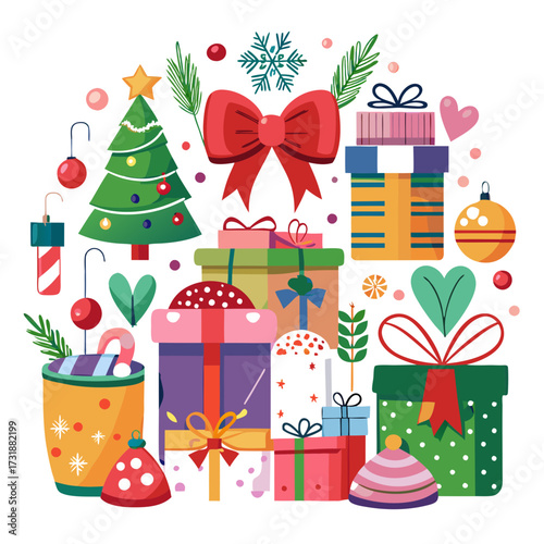 Vector illustration of a festive arrangement of christmas trees, gifts, ornaments, and festive elements, creating a cheerful and vibrant holiday composition