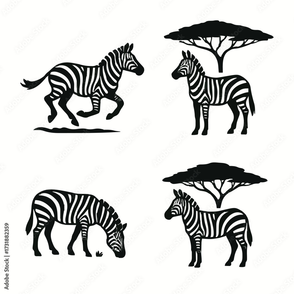 Obraz premium African Zebra Silhouette Vector Set with Acacia Tree Safari Wildlife Collection