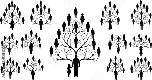 Family tree silhouettes, representing genealogy, heritage, and familial connections across generations