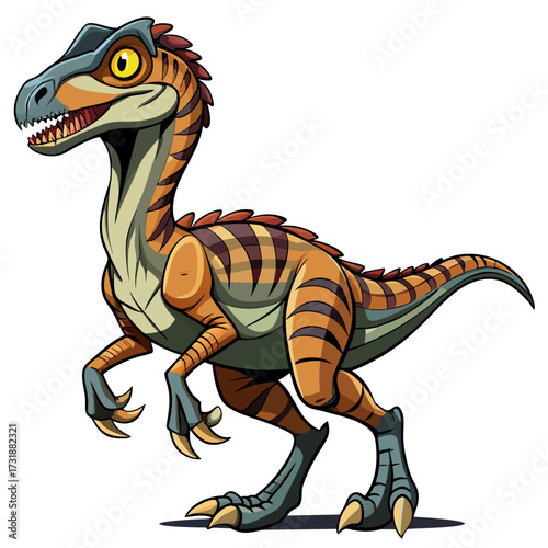 Vector illustration of a vibrant cartoon velociraptor dinosaur with orange and brown stripes, standing on a