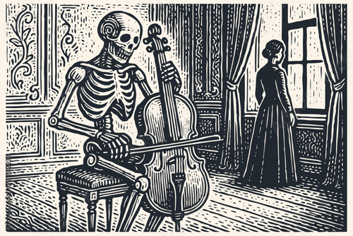 A skeleton plays the cello for a grieving woman in a vintage room. A gothic concept of death, music, and memory in a retro woodcut vector illustration.