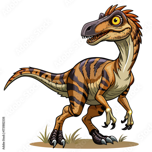 Vector illustration of a detailed cartoon velociraptor dinosaur with orange stripes and a grassy base