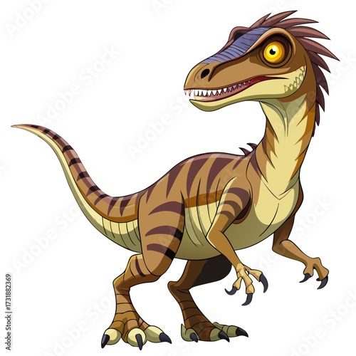 Vector illustration of a stylized cartoon raptor dinosaur with intense yellow eyes and striped markings, presented in a side profile on a