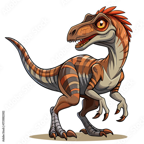Vector illustration of a cartoon illustration of a fierce velociraptor dinosaur with orange and brown stripes, standing on a