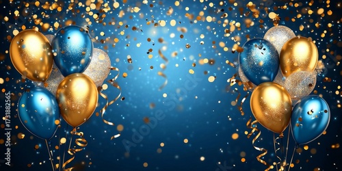 Holiday background with golden and blue metallic balloons, confetti and ribbons. Festive card for birthday party, anniversary, new year, christmas or other events. Created with, Generative AI