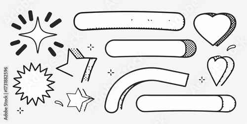 Charming hand-drawn doodle elements featuring hearts, stars, and speech bubbles for fun designs and creative projects, ideal for adding a playful touch