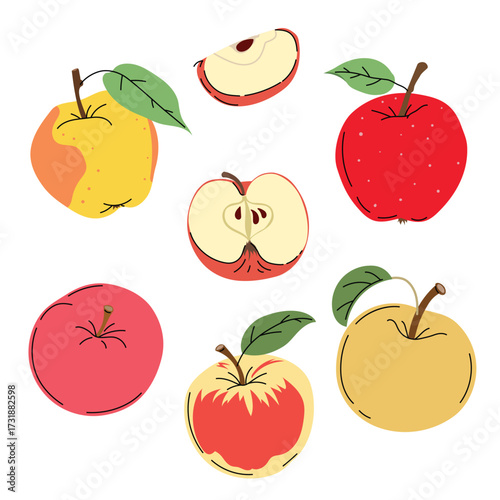 Apples set in flat modern minimalistic style. Farm fresh fruit collection. Sort of whole and cut apples. Vector illustrations isolated on white background.