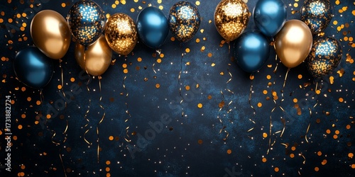 Holiday background with golden and blue metallic balloons, confetti and ribbons. Festive card for birthday party, anniversary, new year, christmas or other events. Created with, Generative AI