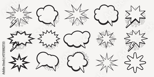 Dynamic collection of comic speech bubbles and burst shapes perfect for adding emphasis and creative flair to your designs, conveying energy and excitement