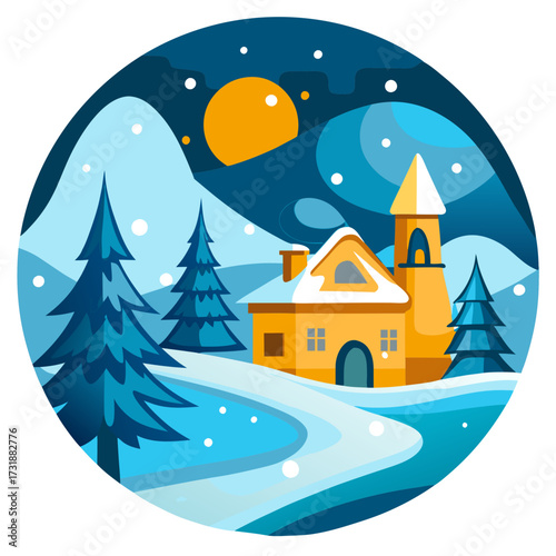 Vector illustration of a delightful flat illustration depicting a warm yellow house surrounded by snowladen pine trees under a dark night sky with a glowing orange sun